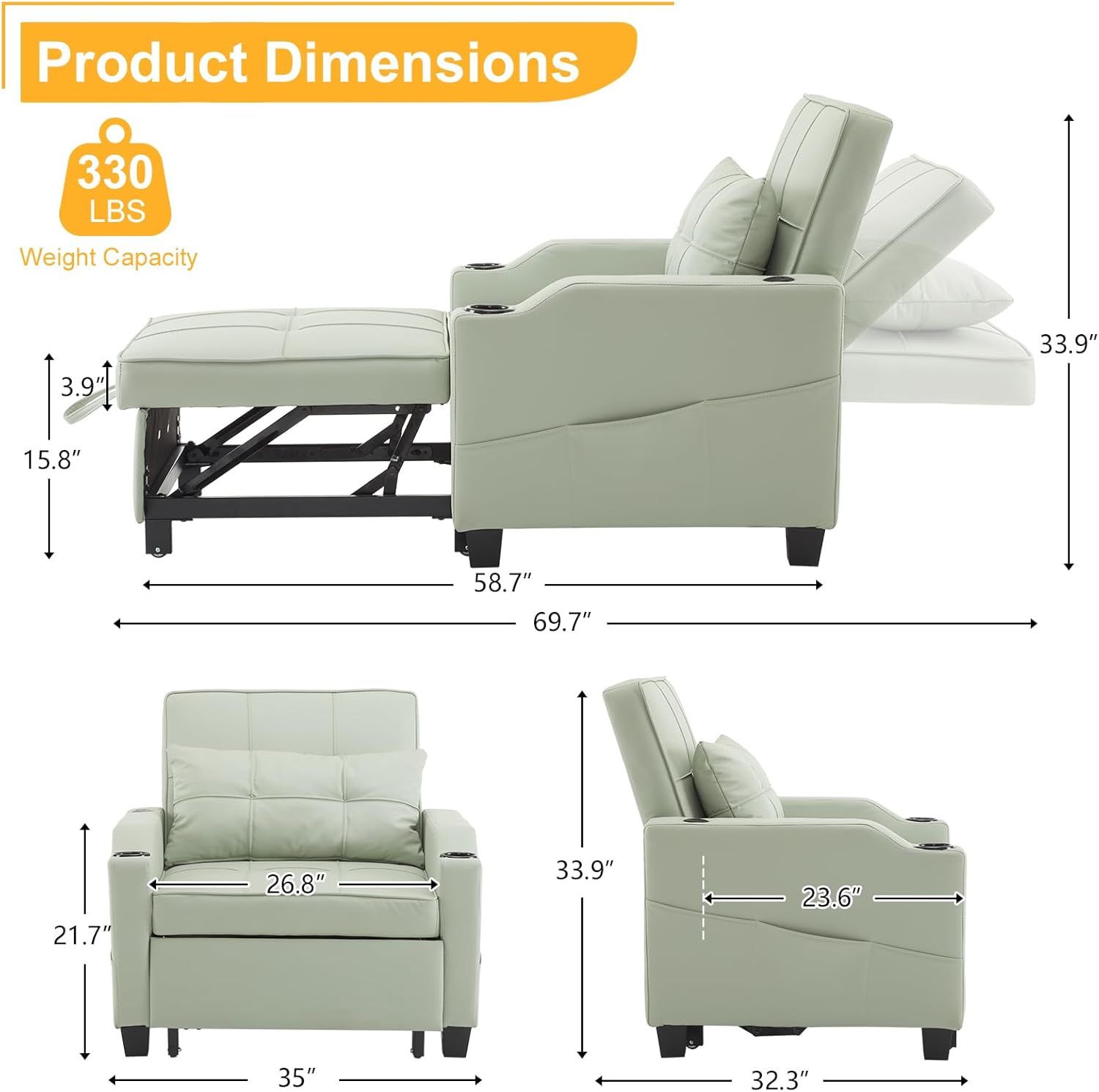 Karl home Sleeper Chair 3-in-1 Pull Out Sofa Bed Convertible Reading Chair with USB/Type C Ports Adjustable Sofa Bed with Cup Holders, PU Leather Mint Green