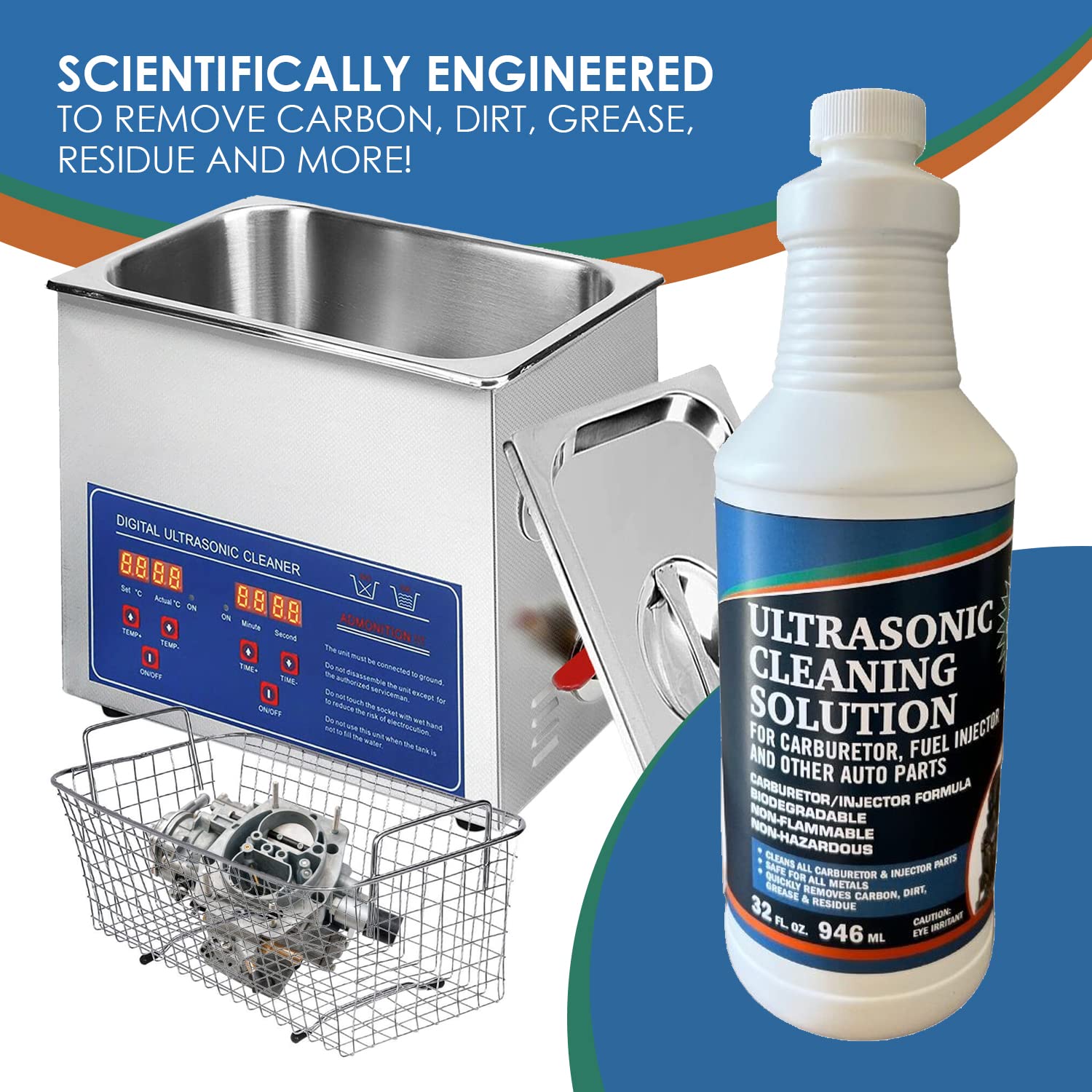 Ultrasonic Cleaner Solution for Carburetors and Engine Parts, Ultrasonic Cleaning Solution and Washing Compound for Ultrasonic and Immersion Washers - Concentrated (1 Gallon) Pack of 2