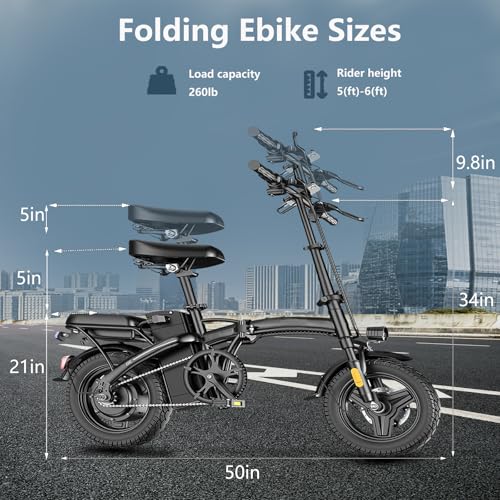 Electric Bike for Adults Peak 500W, 23MPH Max Speed Folding Electric Bicycles, 14" Mini Ebike Pedal Assist, 30° Uphill Shock Absorbers E-Bike, 48V12AH Removable Battery, Top 38 Miles PAS Range