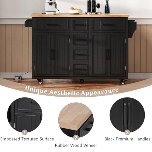 56.5" Rolling Kitchen Island with Storage on Wheels, Kitchen Cart with Drop Leaf & Power Outlet, Portable Island Table with 4 Doors, 5 Drawers, Spice Rack and Towel Bar for Dinning Room, Black
