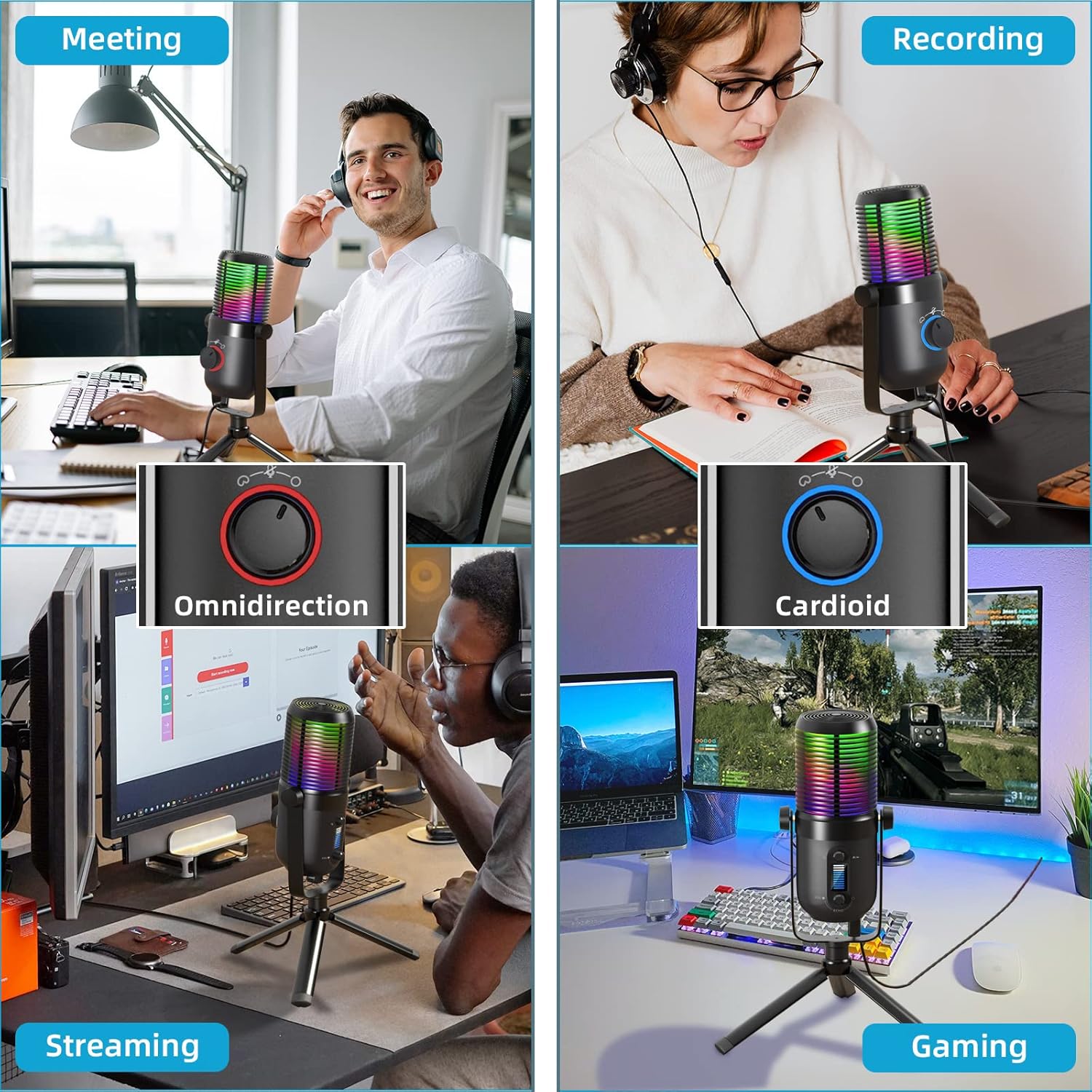 USB Microphone for PC, RGB Gaming Desktop Microphone Condenser Mic with Tripod Stand for Streaming, Studio Recording, Podcast, Computer Cardioid Condenser mic Compatible with Flexible Boom Arm Stand… Pack of 2