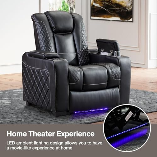 Electric Power Recliner Chair with Adjustable Headrest, Faux Leather Home Theater Seating Chairs with Ambient Lighting, Hidden Arm Storage, USB Ports, Cup Holders, for Movie & Media Room, Brown