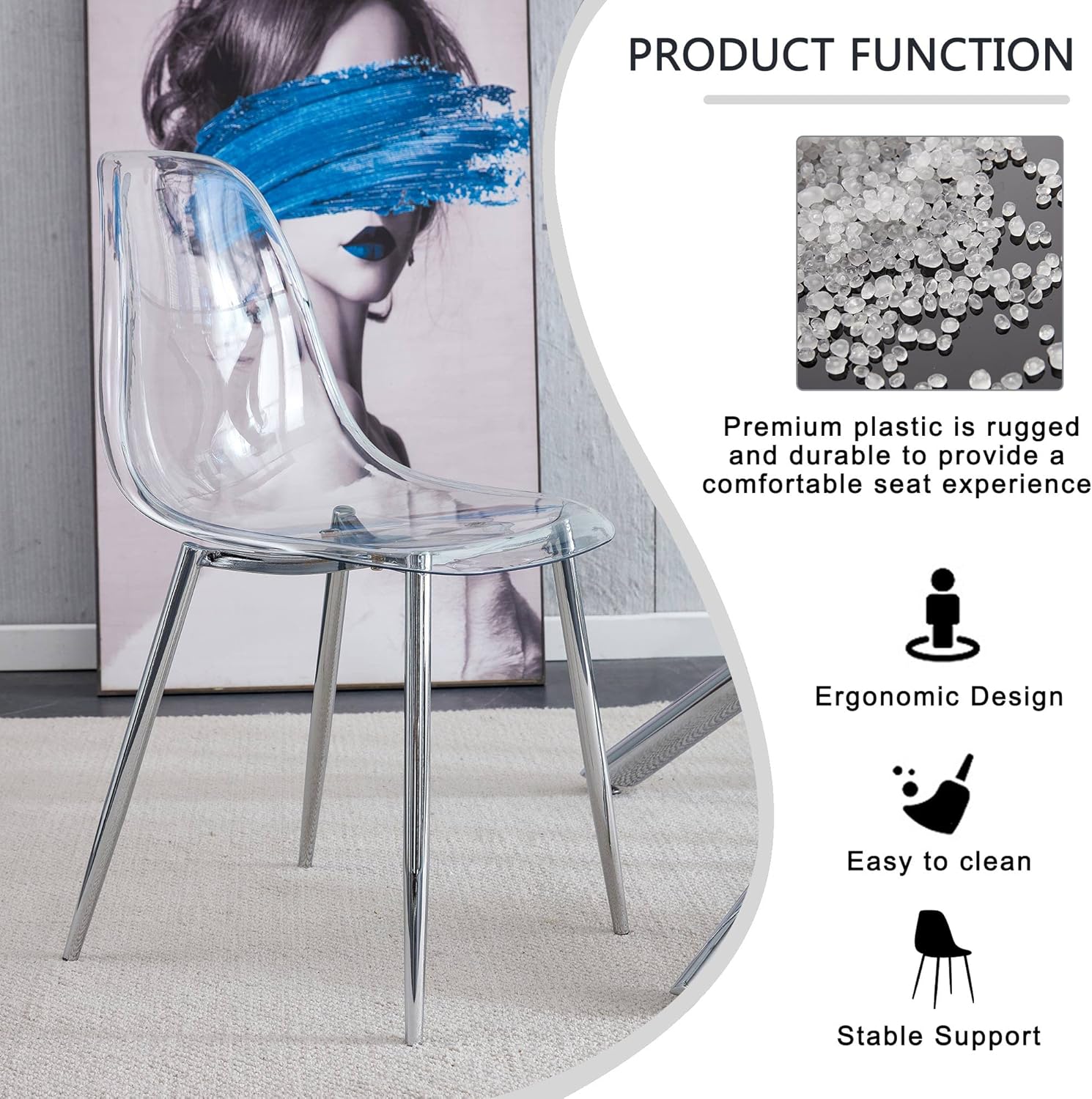 Baysitone Round Glass Dining Table Set for 4, 47'' Circle Dining Table Set, Durable Glass Dining Room Table Set with 4 Clear Acrylic Chair, Kitchen Table Chairs Set with Square Base for Home