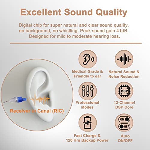 Banglijian Hearing Aids Rechargeable RIC Hearing Aids for Seniors Adults, 12 Channels Hearing Aid with Magnetic Contact Charging Box Digital Noise Cancelling and Feedback Cancellation (Pair, Beige)