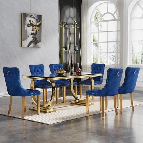 70" Luxurious Marble Dining Table Set for 6, Modern Faux Marble Dining Table with 6 Black Velvet Dining Chairs Set, Kitchen Table with Gold Stainless Steel Pedestal, 7 Piece Dining Table Set