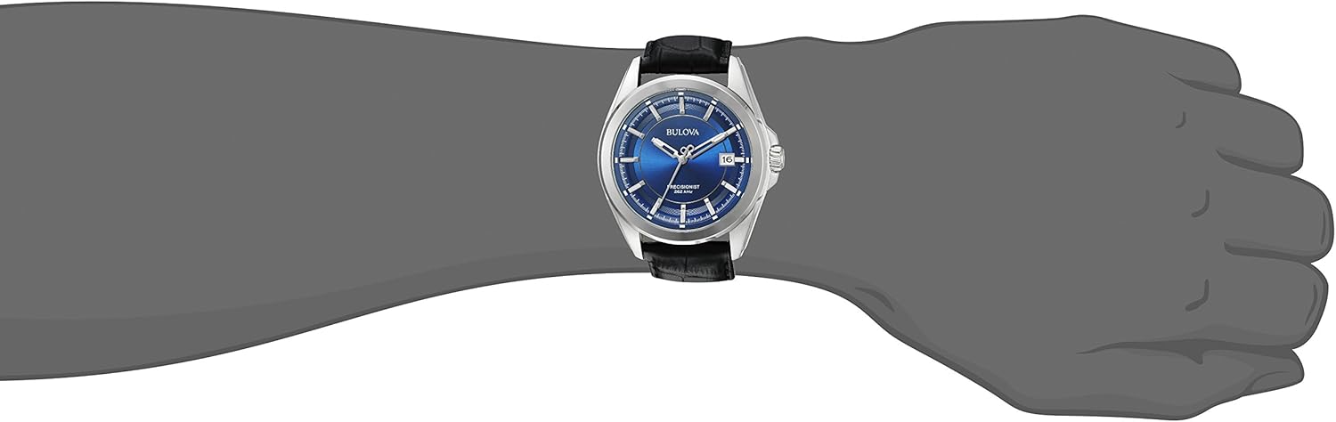 Bulova Men's Precisionist 3-Hand Calendar Stainless Steel with Black Leather Strap and Blue Dial Style: 96B257
