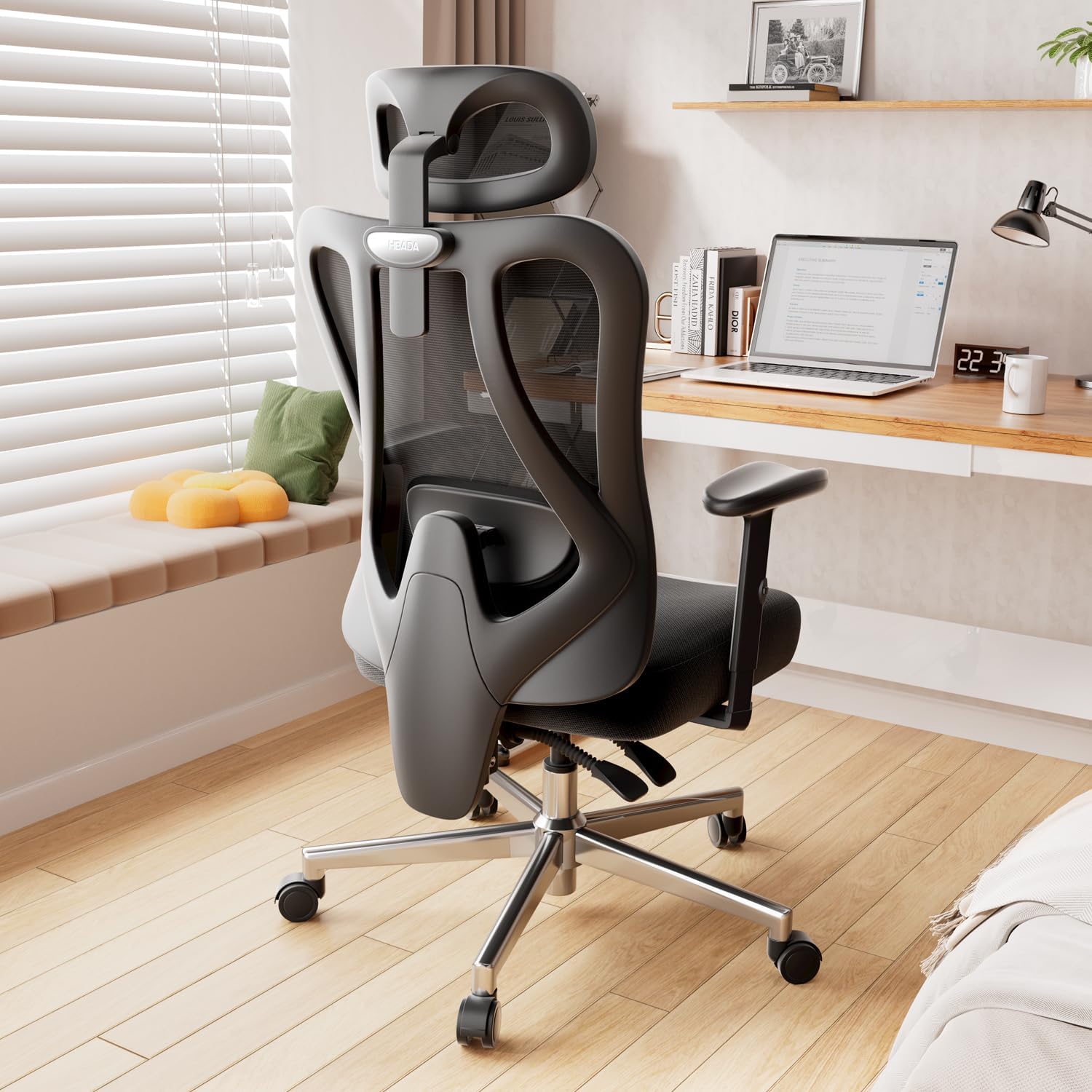 Hbada P3 Ergonnomic Office Chair with 2D Adjustable Lumbar Support, Office Chair with Adjustable Headrest and Armrest, 145° Stepless Tilt Function, Thick Seat Cushion, Black(No Footrest)