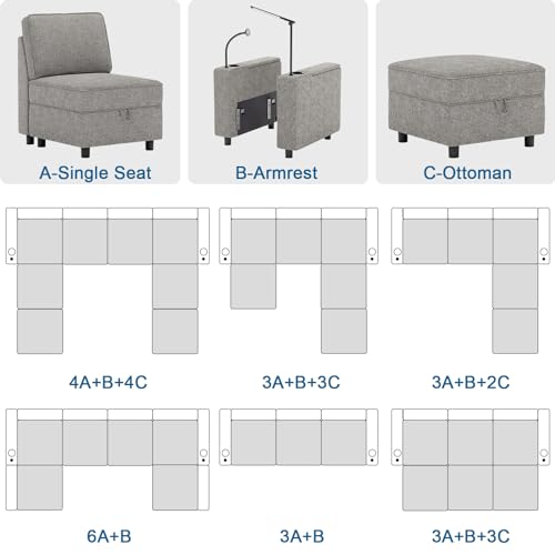 Multifunctional Sleep Sofa Bed,Modular Sectional Sofa, Couches for Living Room with Storage, Armrest with Power Grommet and Cup Holder, Wireless Charging Stand & LED Light Included