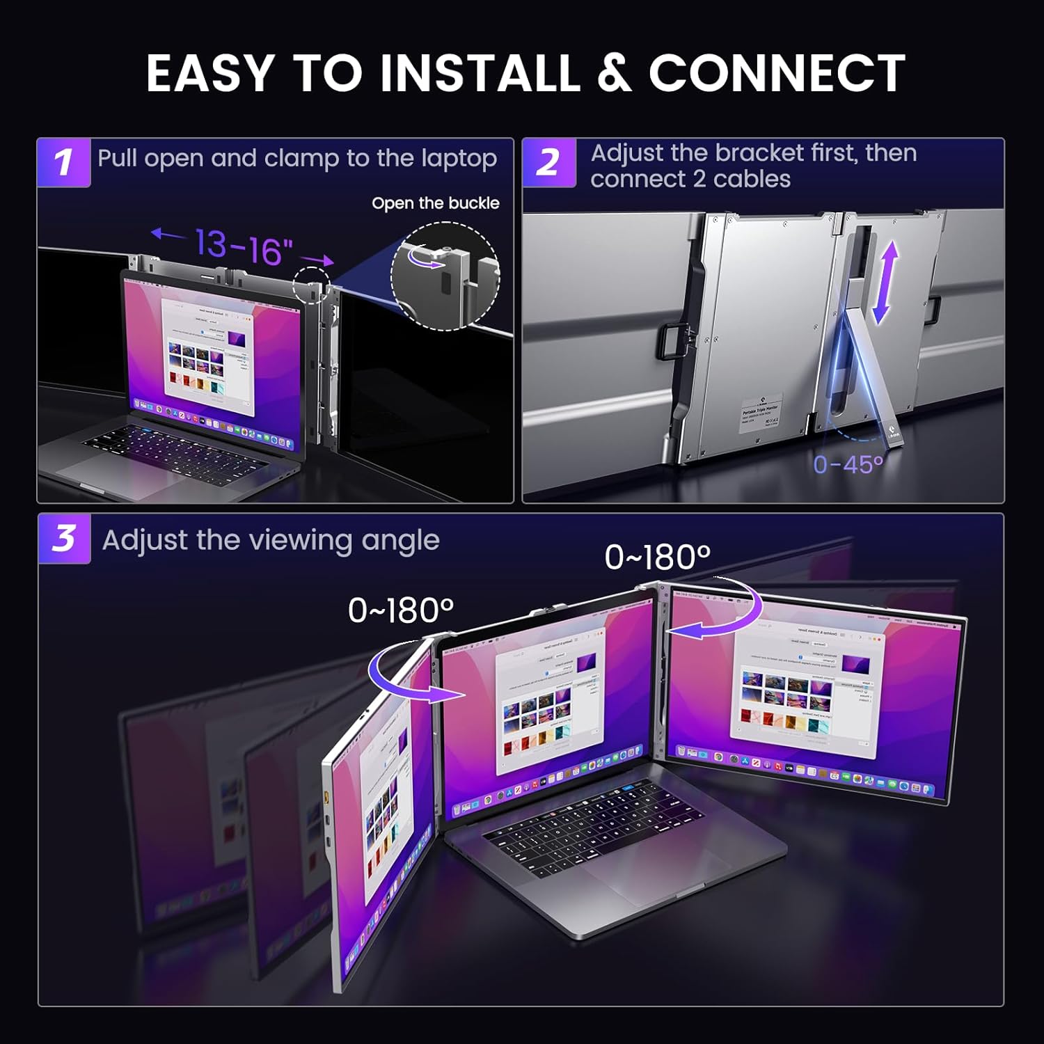 L LIMINK 14" Portable Triple Monitor for Laptop, Aluminum Alloy Laptop Screen Monitor Extender with Kickstand, 1200P Plug&Play FreeSync Frameless Dual Monitor for 13-16" Windows MacBook Laptop - LK14