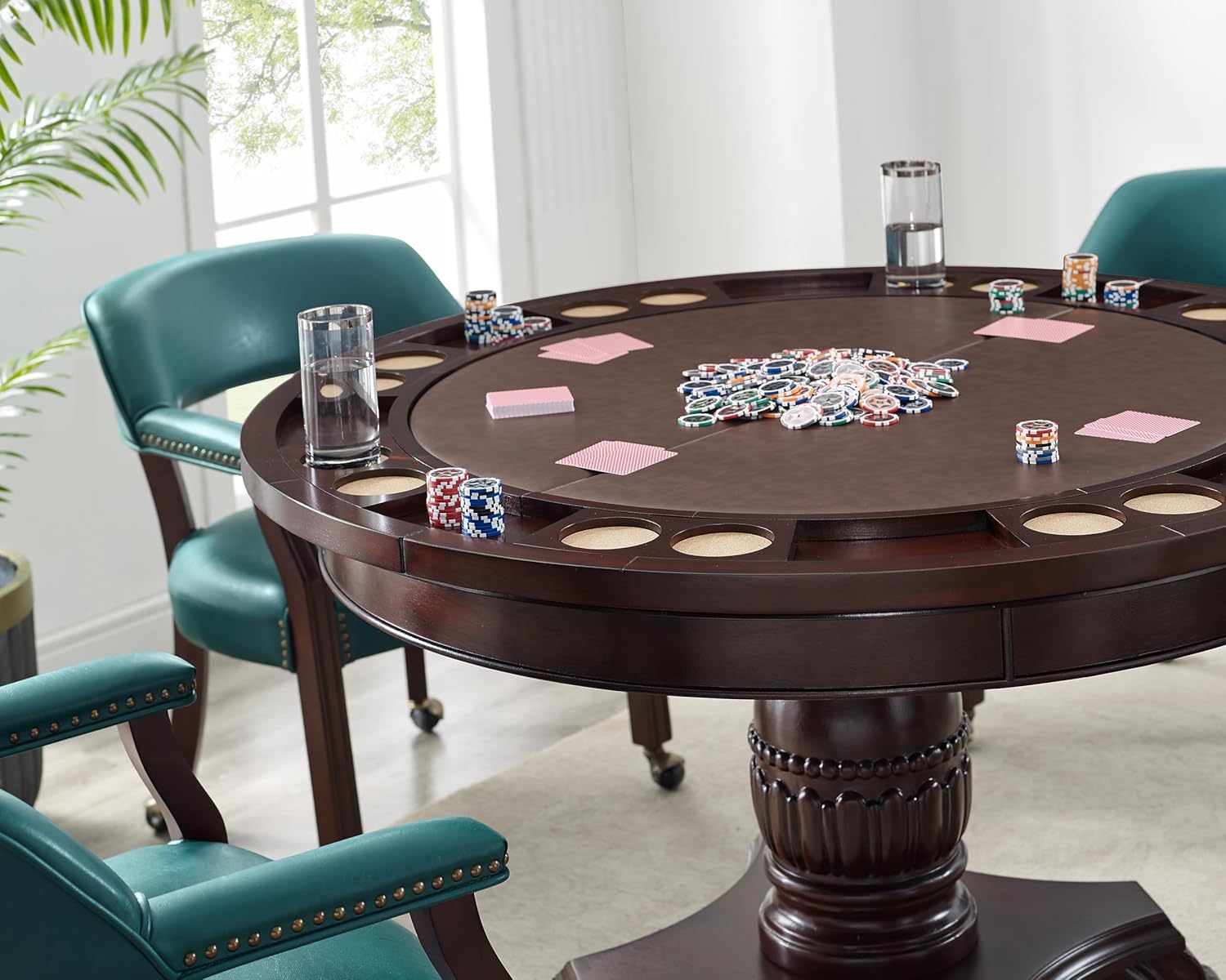 Tournament 5 Piece Dining Or Game Table Set, Hardwood Solids and Cherry Veneers, Folding Game Top, Brown Faux-Leather Surface, includes 4 Captain's Chairs