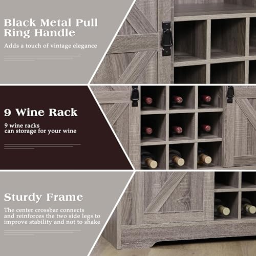 Coffee Bar Cabinet with Storage,47" Farmhouse Kitchen Buffet Sideboard with Sliding Barn Door and Adjustable Shelves,Liquor Cabinet Bar for Home,Dining Living Room(Grey)