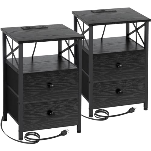 AMHANCIBLE Night Stand Set 2, Nightstand with Charging Station, End Tables Living Room with USB Ports and Outlets, Bedside Tables with Fabric Drawers for Bedroom, Dark Grey HET05XDG