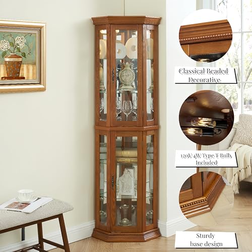 Display Cabinet Lighted,Corner Curio Display Cabinet with Adjustable Shelves & Mirrored Back,Storage Cabinet Wood Frame Collectibles Toy Display for Living Room, Kitchen,Pantry light bulb not included