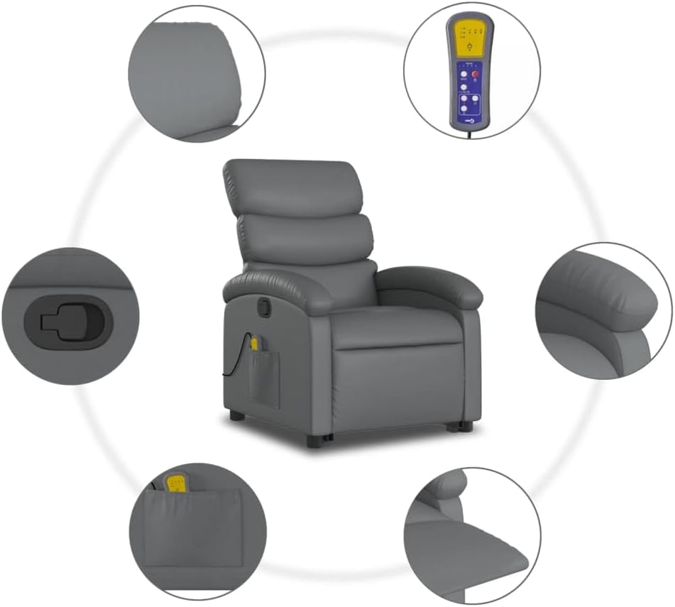 vidaXL Stand-Up Gray Faux Leather Power Lift Massage Recliner with Manual Recline - Comfortable Senior Seating for Living Room