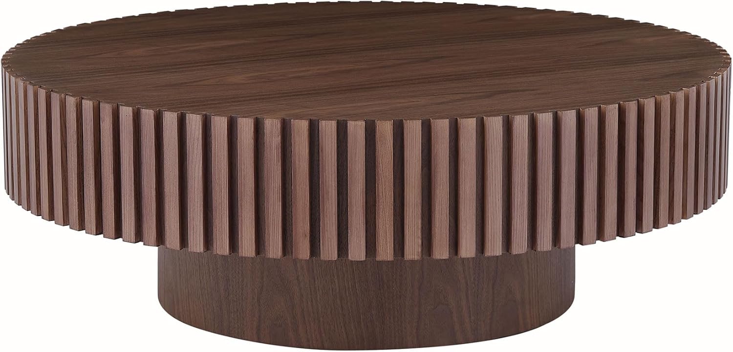 Fluted Coffee Table - Round Coffee Tables with Vertical Texture Relief Design, Contemporary Coffee Table with Cylindrical Sturdy Pedestal, Pedestal Coffee Table for Living Room (Walnut, 31.49'')