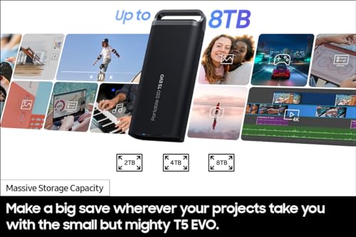 SAMSUNG T5 EVO Portable SSD 2TB, USB 3.2 Gen 1 External Solid State Drive, Seq. Read Speeds Up to 460MB/s for Gaming and Content Creation, MU-PH2T0S/AM, Black