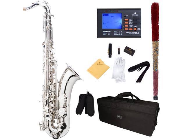 Mendini by Cecilio MTS-N+92D Nickel Plated B Flat Tenor Saxophone with Tuner, Case, Mouthpiece, 10 Reeds and More