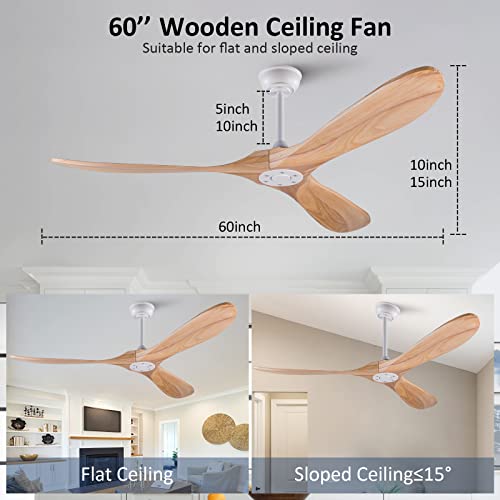 60 inch Ceiling Fans without Light, Solid Wood Ceiling Fan with Remote Control Modern Ceiling Fan no Light, Indoor Outdoor Ceiling Fans for Patios Living Room Bedroom Farmhouse Gazebo