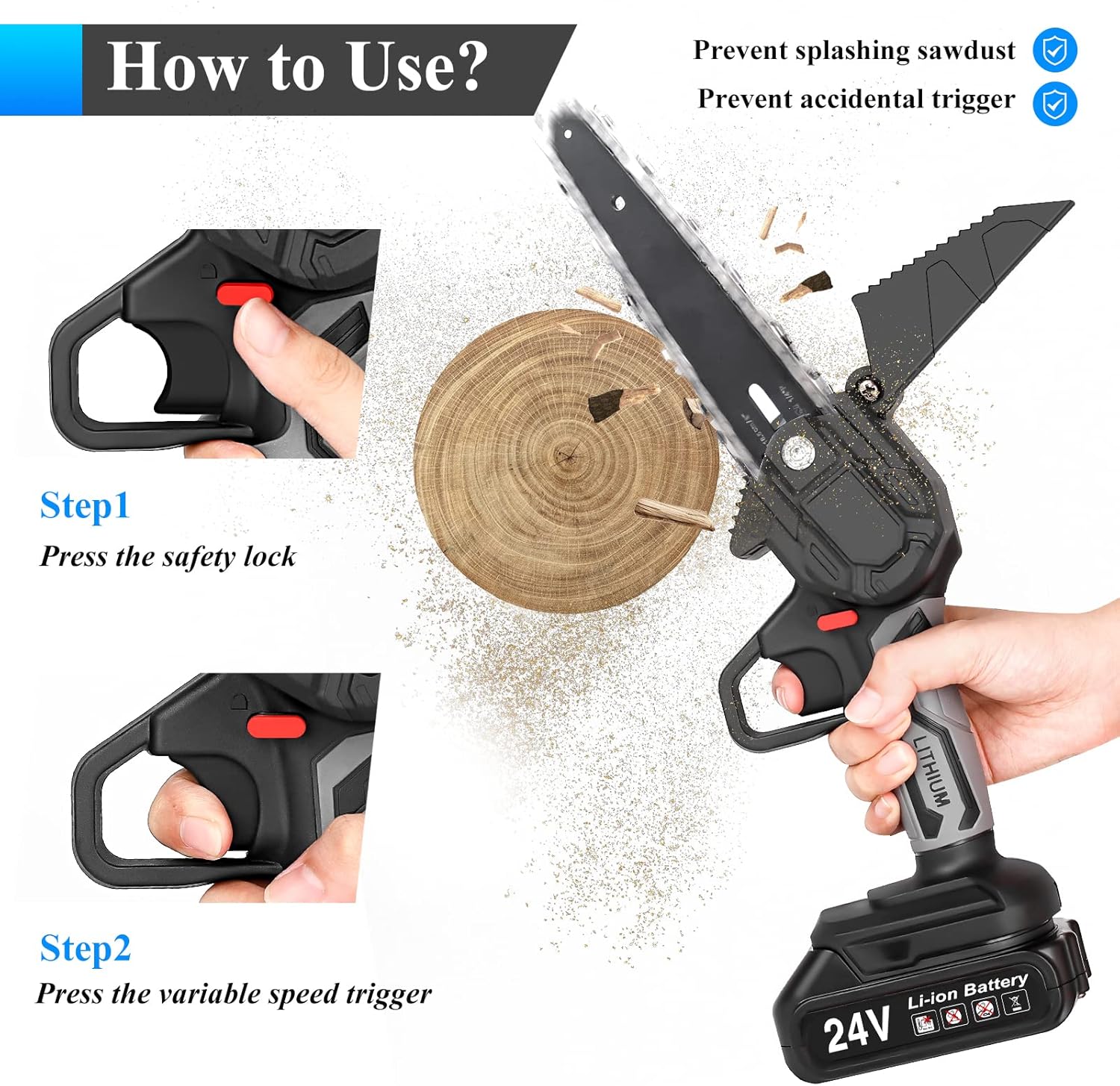 6-Inch Mini Chainsaw with Safety Lock LED light 24V Lithium Battery Cordless Electric Chainsaw Lightweight 2 Batteries and Chains Pruning Shears Chain Saw Pack of 2