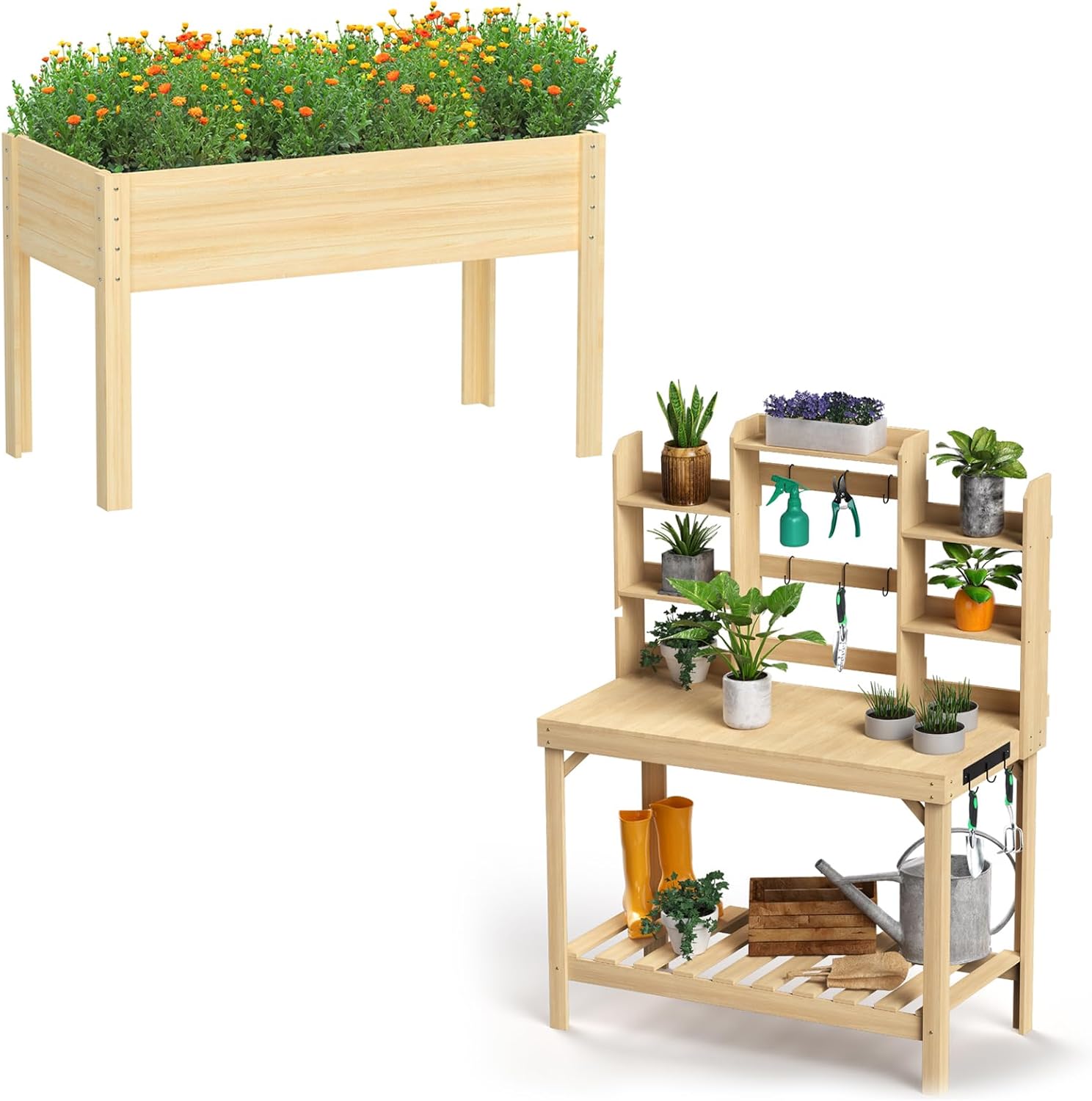 Outdoors Potting Benches Table+Wooden Raised Garden Bed with Legs