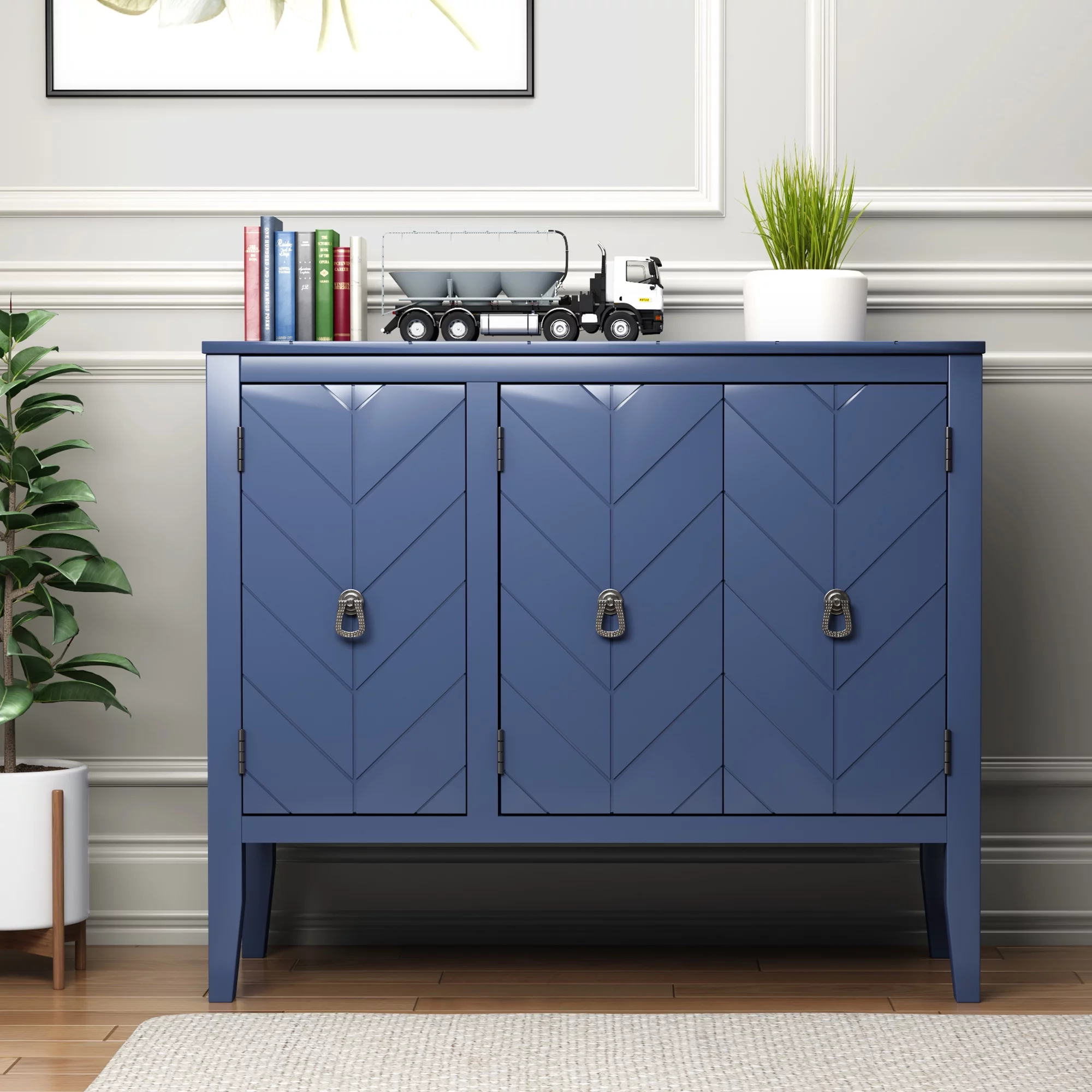 Ouyessir Solid Wood Buffet Sideboard Entry Console Table, Antique Storage Cabinet with Doors and Adjustable Shelf, for Living Room, Dining Room, Kitchen, 37" L x 15.7 W x 31.5 H, Navy Blue
