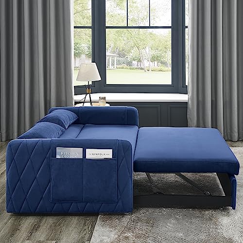 Pull Out Sofa Bed, Velvet Sleeper Sofa Loveseat Sofa Bed, Futon Sofa Bed Lounge Sofa with Reclining Backrest, Toss Pillows, Pockets, Convertible Sleeper Sofa Bed-Black