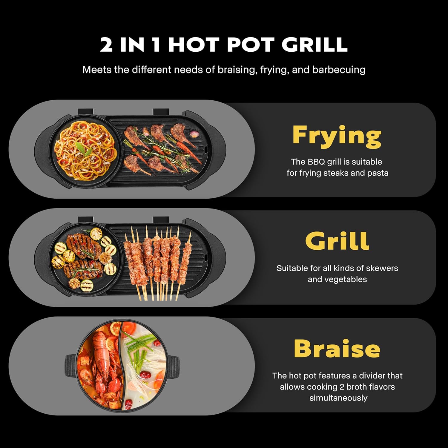 VIVOHOME 2200W Electric Hot Pot with Grill, Removable Shabu-shabu Pot w/Non-stick Baking Pan, Separate Temperature Control 2-IN-1 Hotpot BBQ for 1-6 People Family Dinning