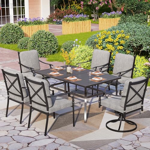 PHI VILLA 7 Pieces Outdoor Dining Set for 6, Rectangular Black Steel Dining Table with Fixed and Swivel Iron Chairs, Large Dining Furniture Set with Cushions for Patio, Deck, Porch, Backyard