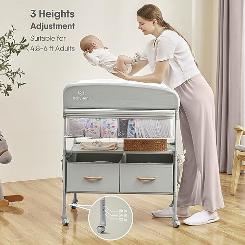Portable Baby Changing Table with 2 Storage Baskets, BabyBond Foldable Changing Table Dresser Waterproof Diaper Changing Table Height Adjustable Changing Station for Infant and Newborn(Grey)