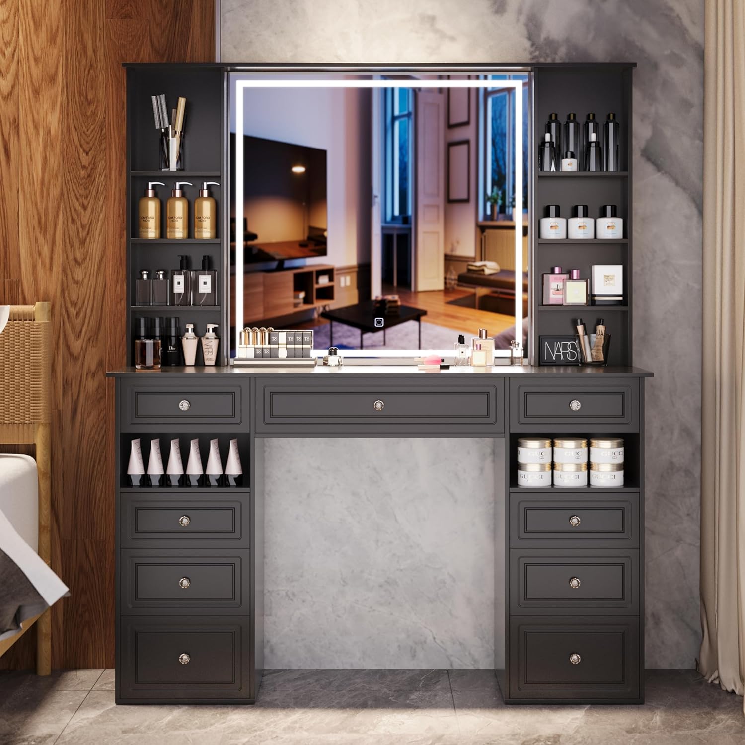Extra Large Vanity Desk with Lighted Mirror,Huge Desktop Makeup Vanity Table with 9 Drawers,European Style Vanity, Crystal Ball Knobs, Carving Patterns Vanity Makeup Desk for Bedroom(Black)