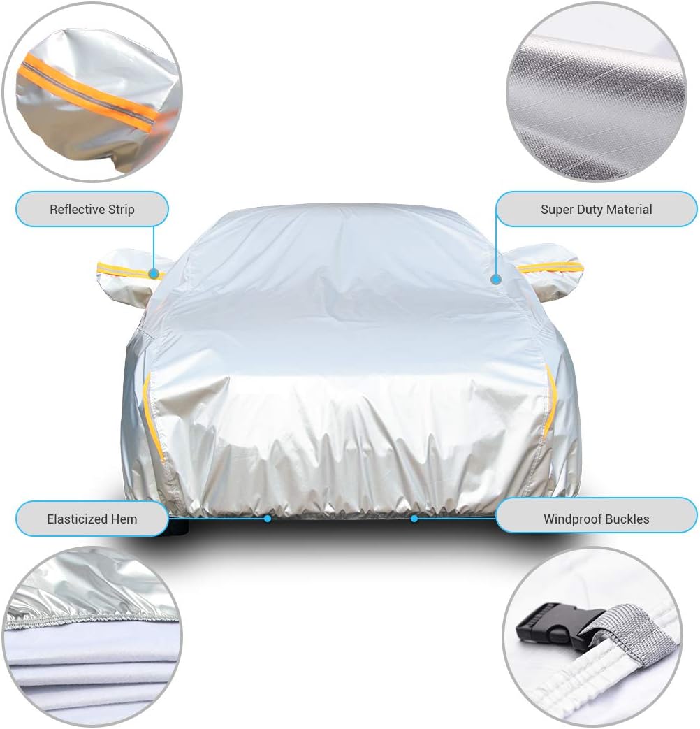 Tecoom Super Heavy Duty Multiple Layers Car Cover All Weather Waterproof Windproof Snow Sun Rain Protective with Buckles & Belt,Without Mirror Pockets Fit 150-178 Length Coupe/Convertible/Sport Car