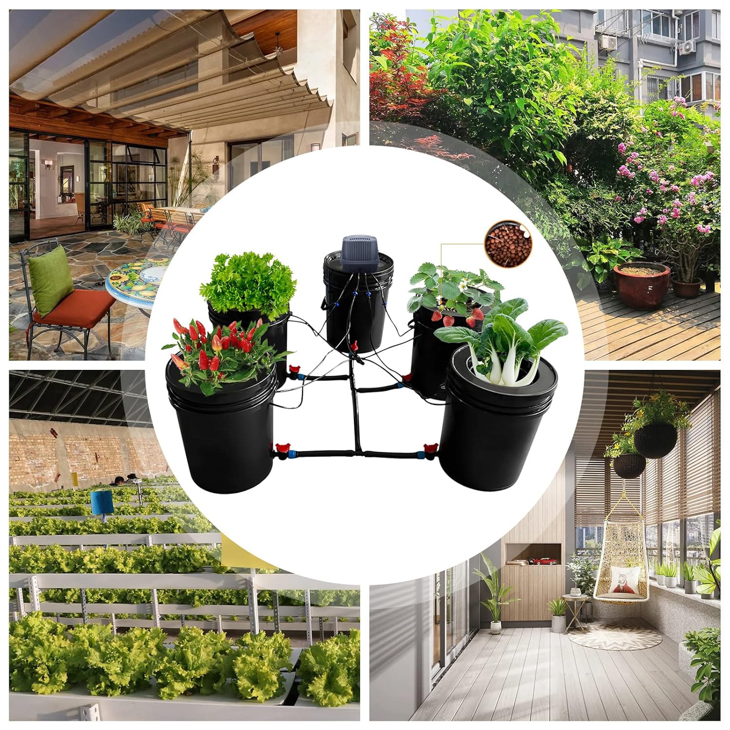 5-Gallon Deep Water Culture Hydroponics Grow System Kit with 5 Buckets, Recirculating Design, and Reservoir for Greenhouse and Indoor Growing – Ideal for Vegetables, Garden, and Balcony