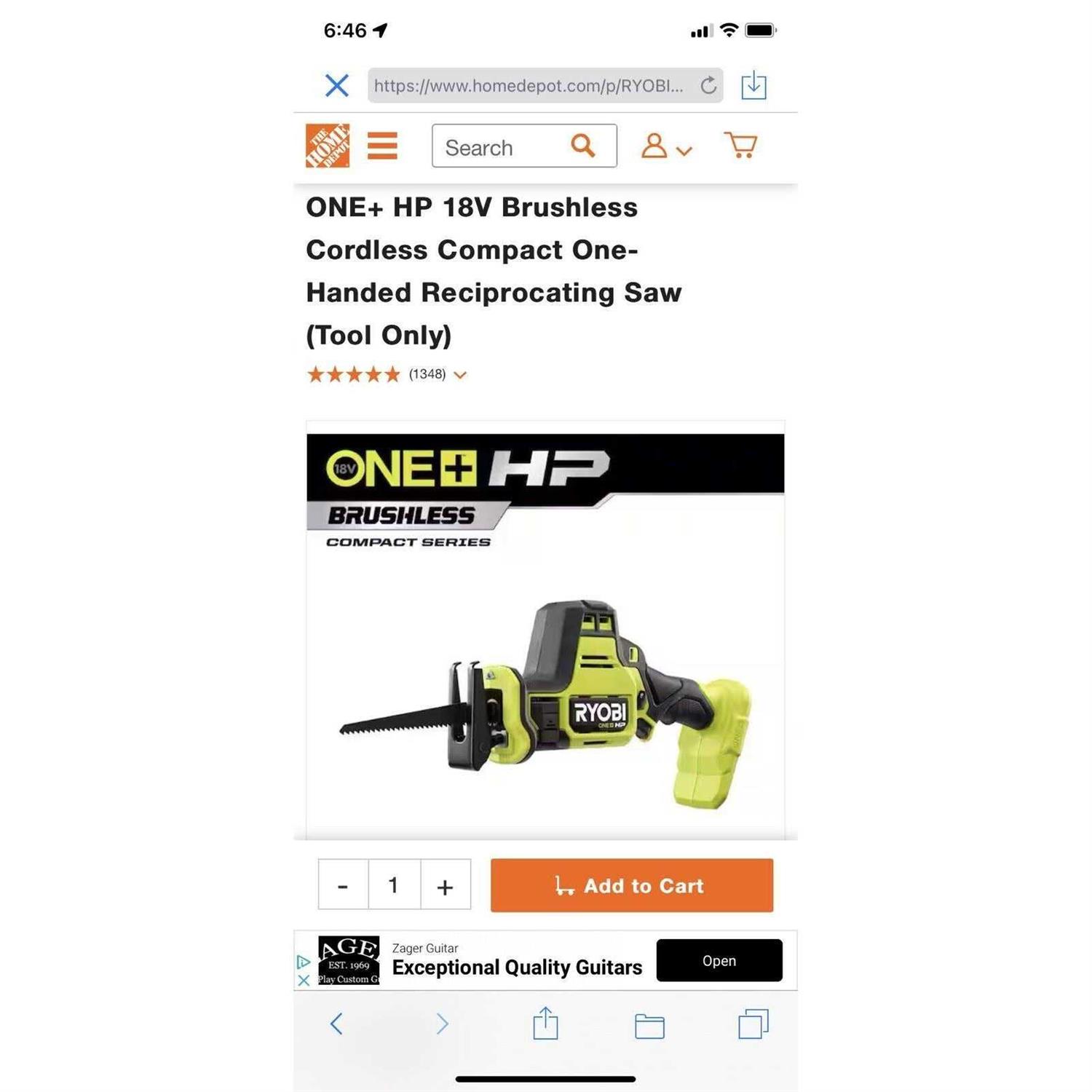 Ryobi ONE+ HP 18V Brushless Cordless Compact One-Handed Reciprocating Saw