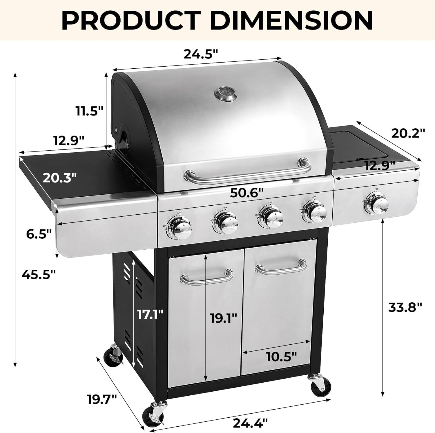 MAMIZO 4-Burner Outdoor Propane Gas Grill, 40000 BTU Output Stainless Steel BBQ Grill with 12000 BTU Side Burner,Thermometer and Caster for Outdoor Cooking Kitchen, Patio Backyard Barbecue and Camping