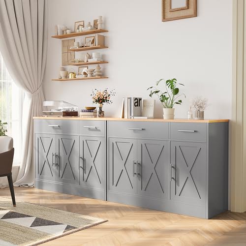 Shintenchi Modern Farmhouse Sideboard Buffet Cabinet with Storage with 3 Doors,42" Barn Doors Buffet Cabinet with Storage, Wood Coffee Bar Cabinet with Adjustable Shelf for Kitchen Living Room,White