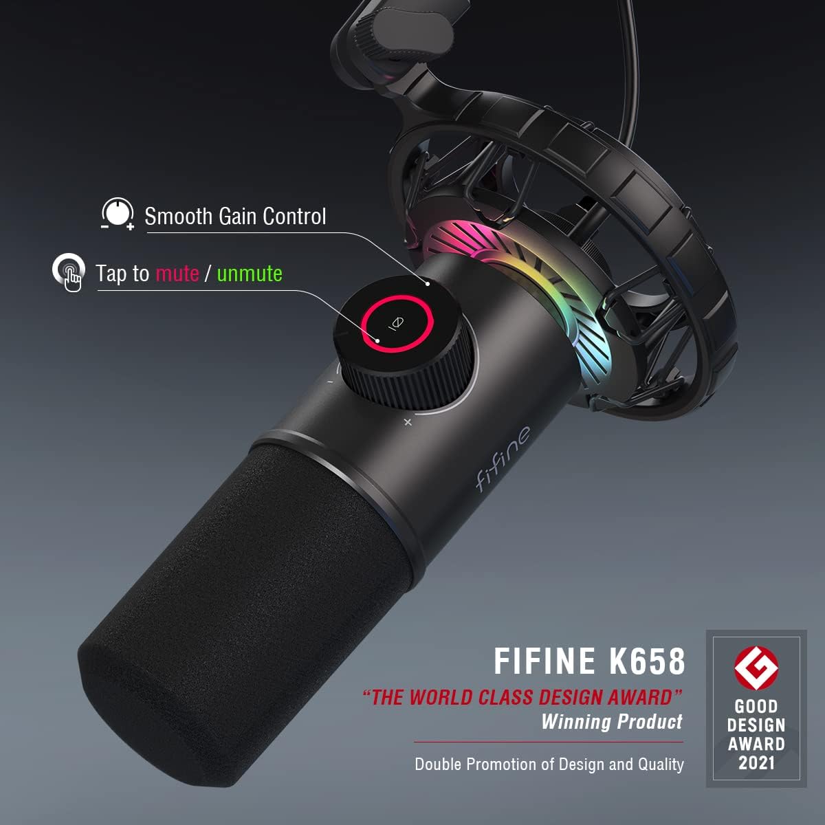 USB Gaming Microphone, FIFINE RGB Dynamic Mic for PC, with Tap-to-Mute Button, Plug & Play Cardioid Mic with Headphone Jack for Streaming, Podcast, Twitch, YouTube, Discord- K658