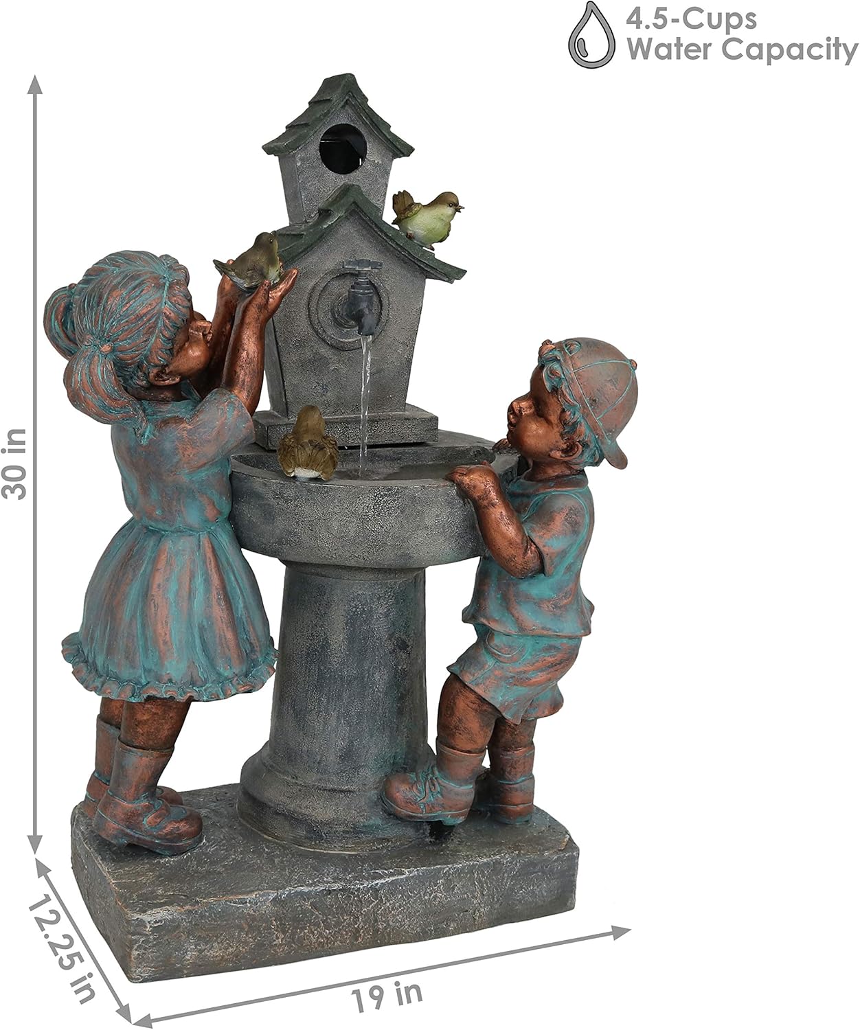 Sunnydaze 30-Inch Boy and Girl at Bird Bath Outdoor Water Fountain - Electric Submersible Pump with Adjustable Flow