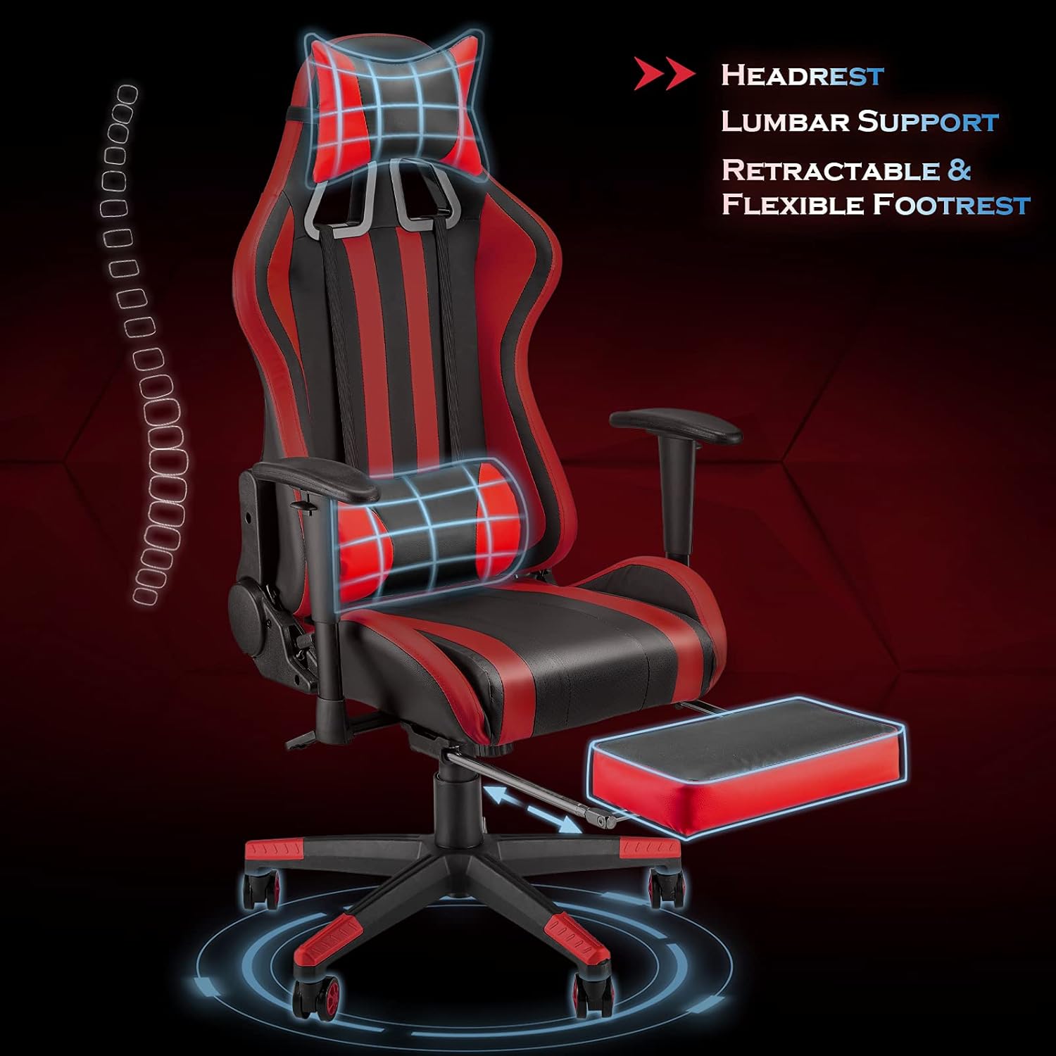 Soontrans Gaming Chair with Footrest,Ergonomic Office Chair,Computer Chair,Sillas Gamer Chair,Video Game Chairs with Backrest,Headrest and Lumbar Pillow for Adults(Black/Red)