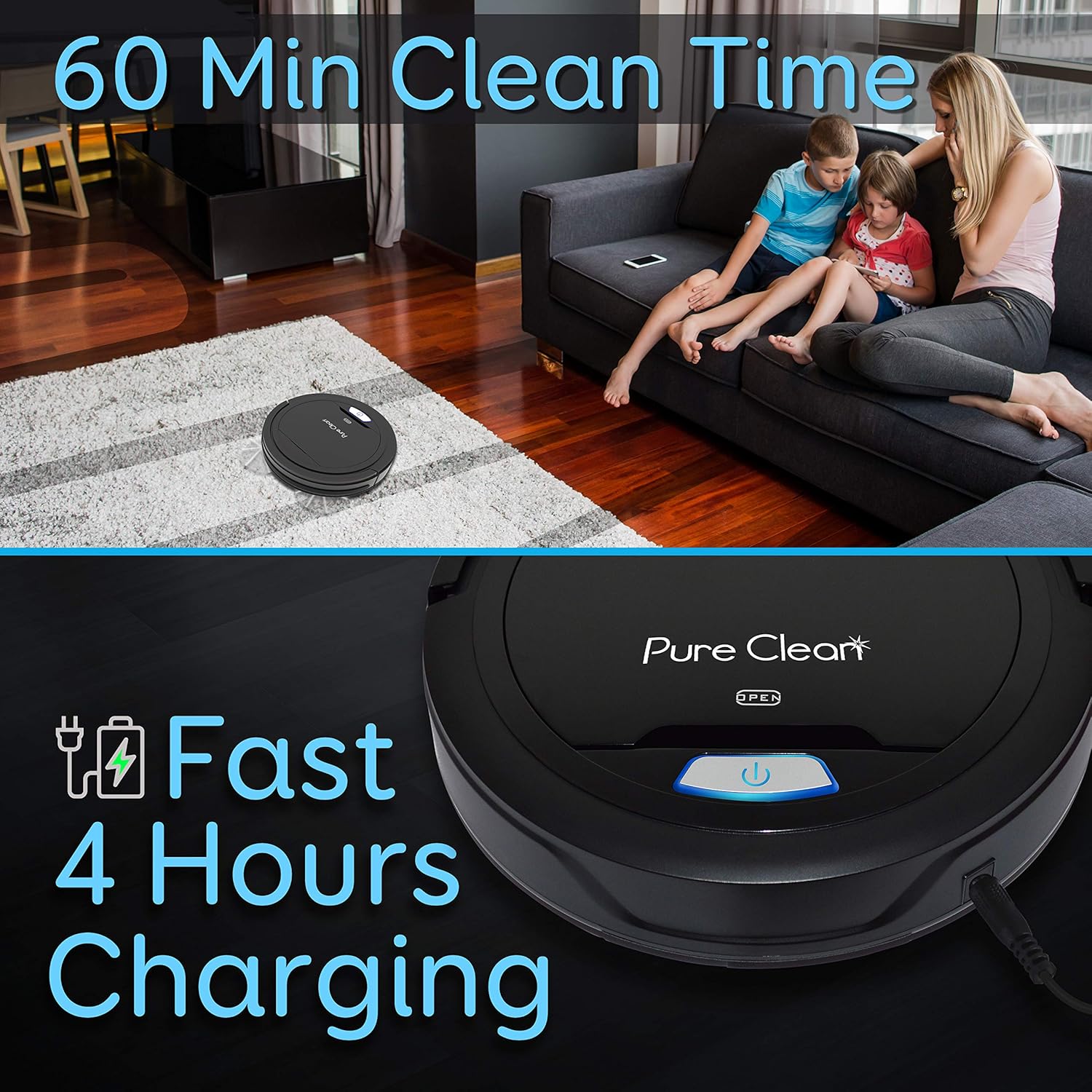 Pure Clean Robot Vacuum Cleaner - Upgraded Lithium Battery 90 Min Run Time - Automatic Bot Self Detects Stairs Pet Hair Allergies Friendly Robotic Home Cleaning for Carpet Hardwood Floor