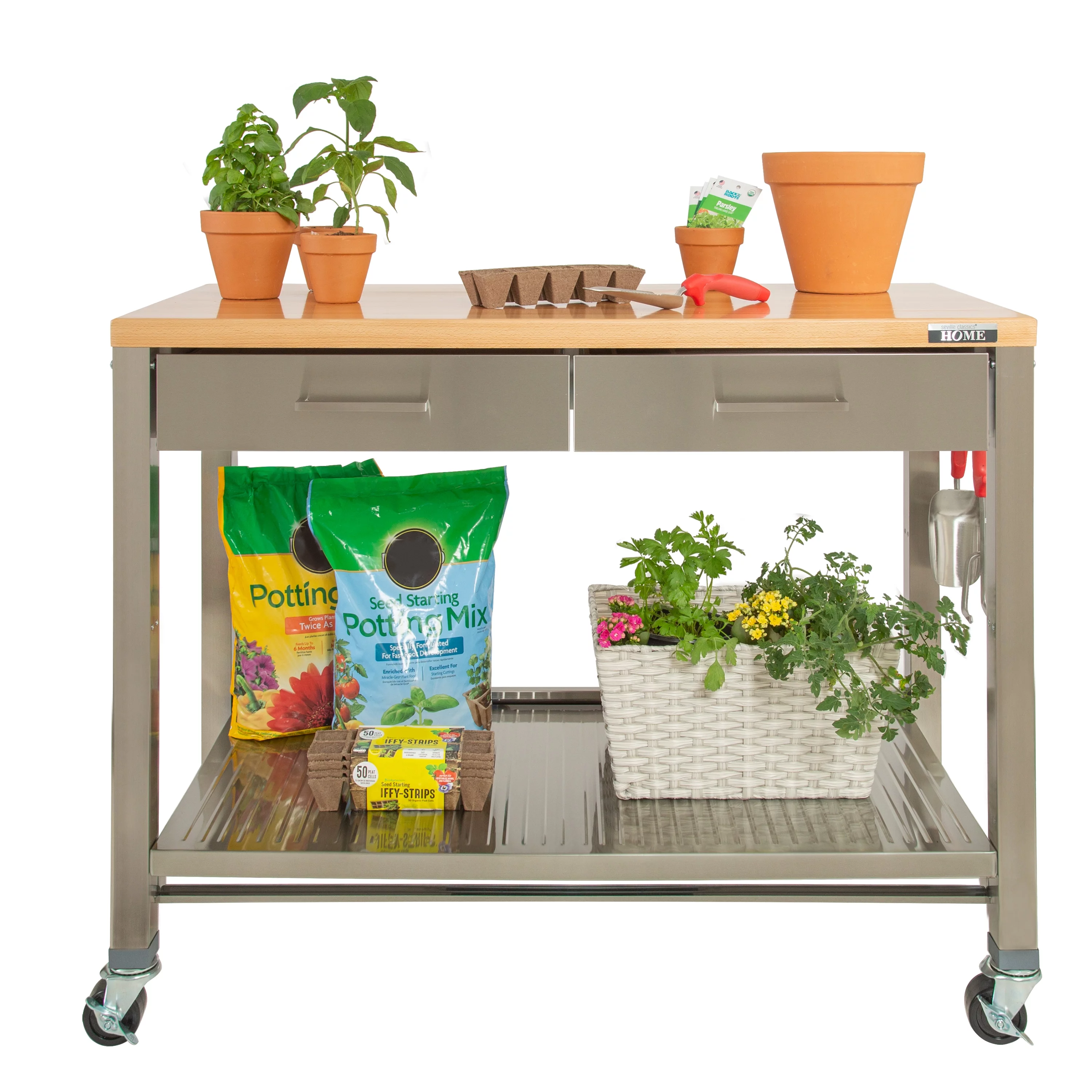 Seville Classics UltraHD Stainless Steel Workcenter Professional Kitchen Island, 2-Drawer, Peg Boards, Steel, Solid Wood Top