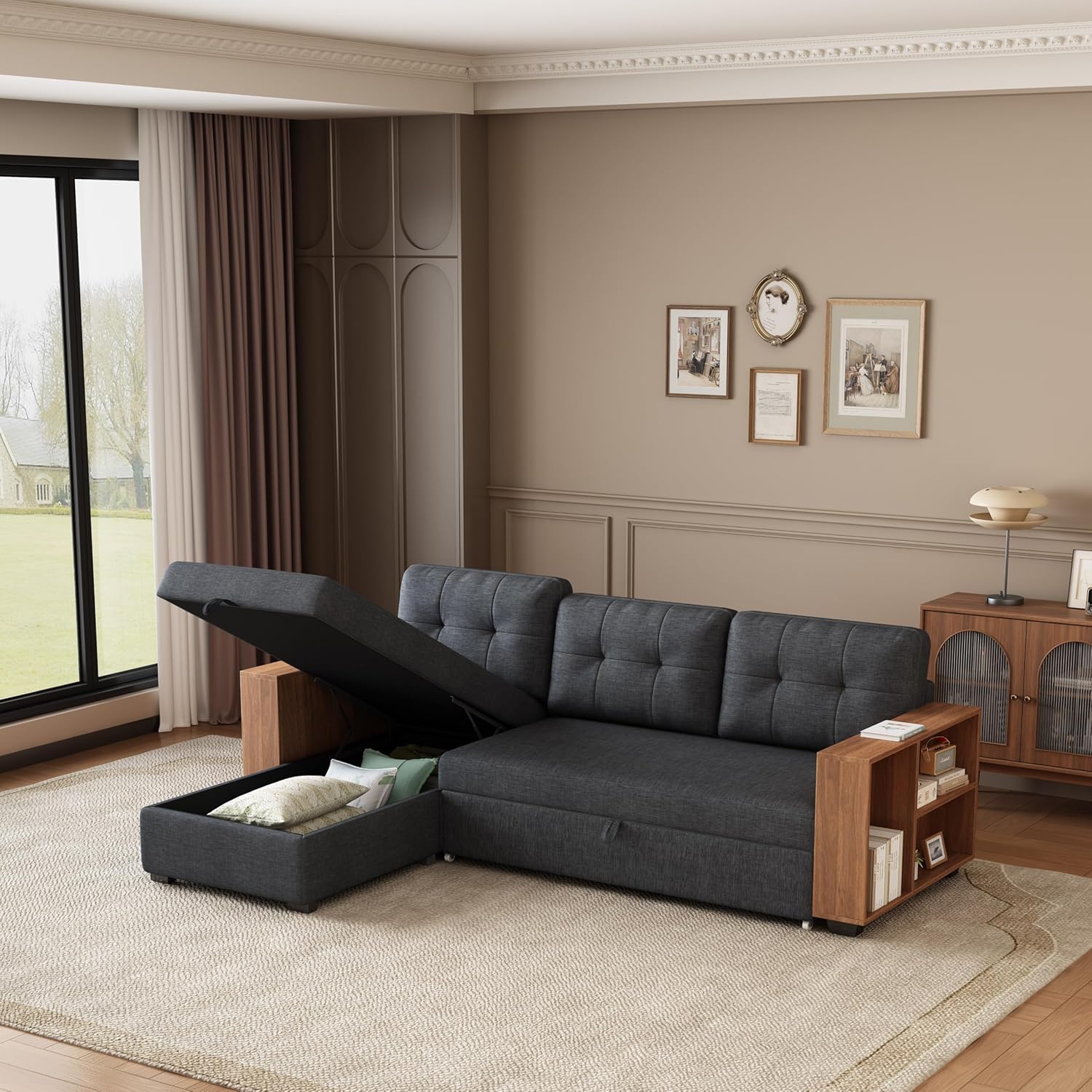 84" Pull Out Sectional Couch with Storage Chaise,L-Shape Upholstered Reversible Sofa Bed W/Hidden Wood Shelf Armrests,Linen Corner Sleeper for LivingRoom Office Apartment,Dark Grey
