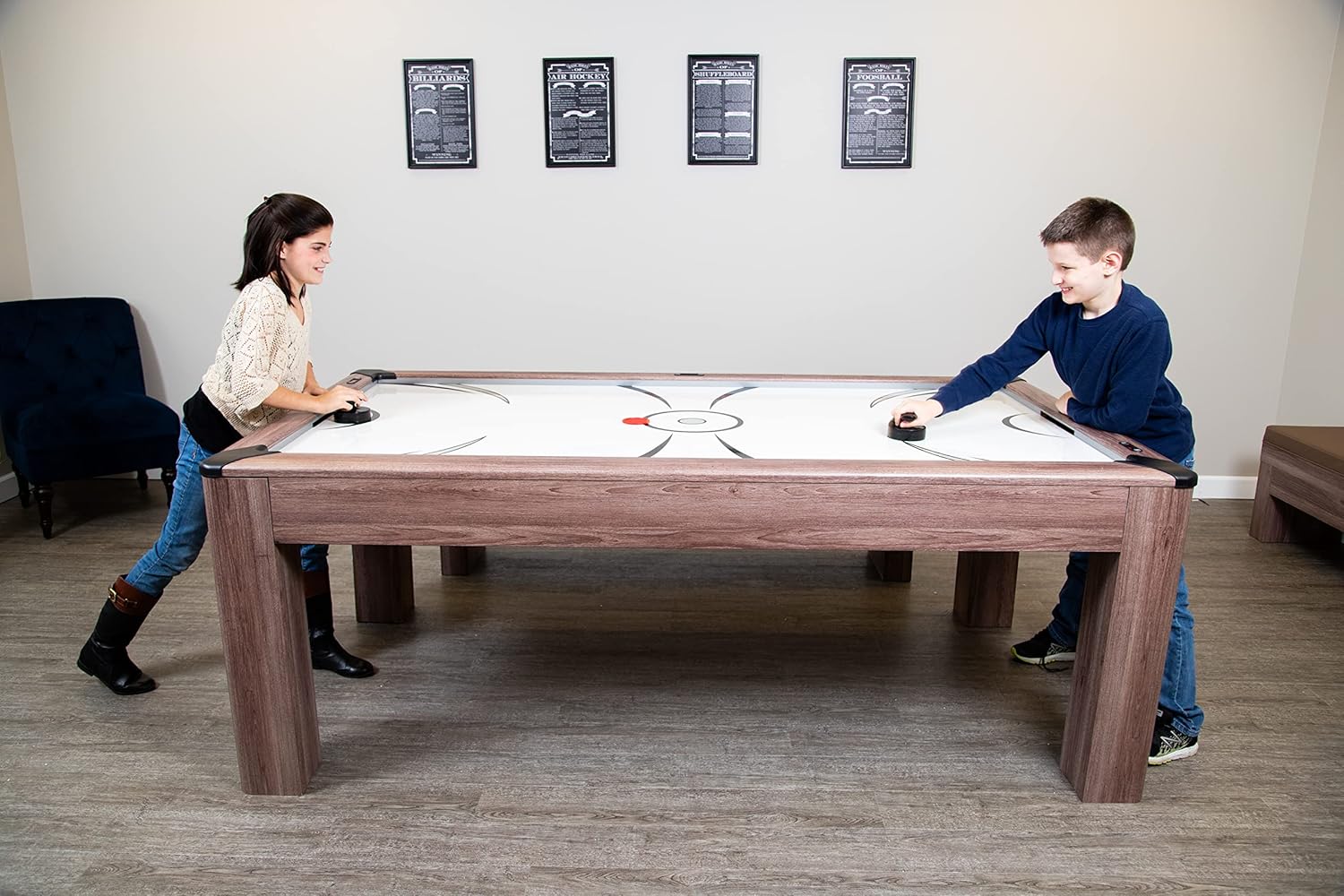 Hathaway Driftwood 7-ft Air Hockey Table Tennis Combination with Dining Top, Two Storage Benches, Free Accessories