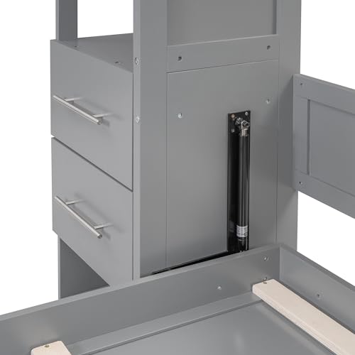Queen Size Murphy Bed Wall Bed with Shelves,Multifunctional Easy Fold Wood Wall Bed with Drawers and LED Lights for Guest Room Home Office,Space-Saving Murphy Bed Cabinet (Gray-AB91)