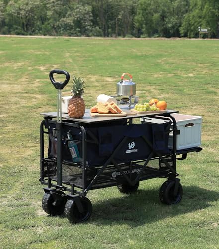 Collapsible Double Decker Wagon with Tailgate, Heavy Duty Foldable Wagon with All-Terrain Big Wheels, Beach Wagon for Camping, Sports, Shopping, Garden Black