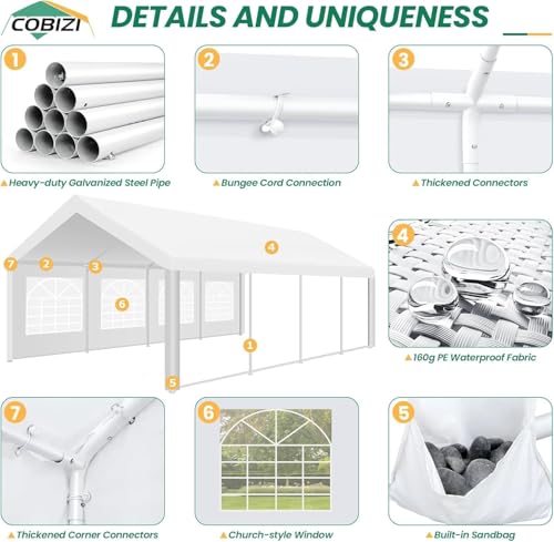 COBIZI 20x40 Party Tent Heavy Duty, Galvanized Wedding Tent, Event Shelter for Parties, Outdoor with Removable Sidewall & Built-in Sandbag, Carpas para Fiestas, Large Canopy, Waterproof, White