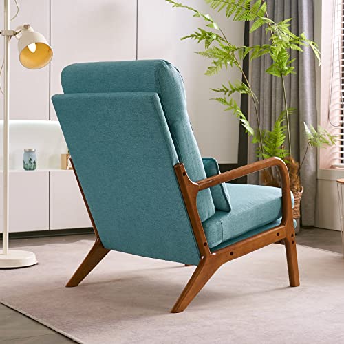 Bonnlo High Back Linen Beige Mid Century Modern Accent Chair, Soild Wood Padding Lounge Armchairs Side Sitting Chairs for Living Room, Bedroom, Guest Room