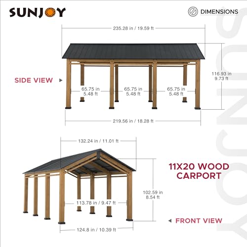 Sunjoy Carport 11 ft. x 20 ft. Standard Wood Gazebo Heavy Duty Garage, Cedar Framed Gazebo Car Shelter with Metal Roof and Movable Ceiling Hook