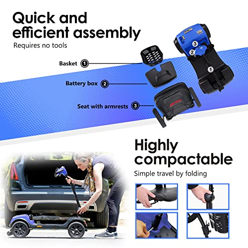 Folding Mobility Scooter - 4 Wheel Lightweight Electric Mobility Scooter for Adults - Red Powered Mobility Scooters for Seniors, Travel - Long Range Power Extended Battery with Charger and Basket