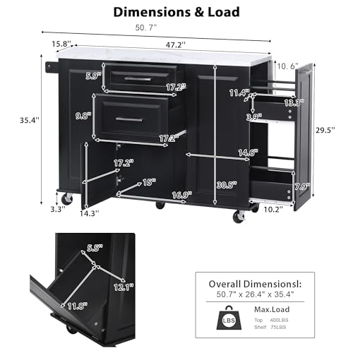 60" Kitchen Island with Drop Leaf and Power Outlet, Rolling Kitchen Cart on Wheels with Trash Can Storage Cabinet, Spice Rack, Towel Rack and Adjustable Shelf for Dining Room