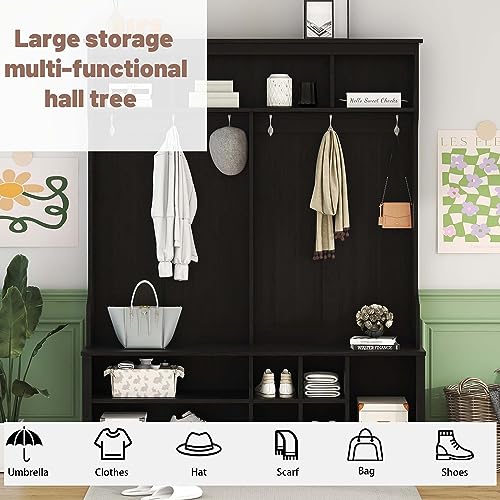 Hall Tree with Storage Bench, 3-in-1 Wooden 60 Inch Mudroom Bench, Farmhouse Entryway Bench for Mudrooms Organization Entryway Living Room(Color:White)